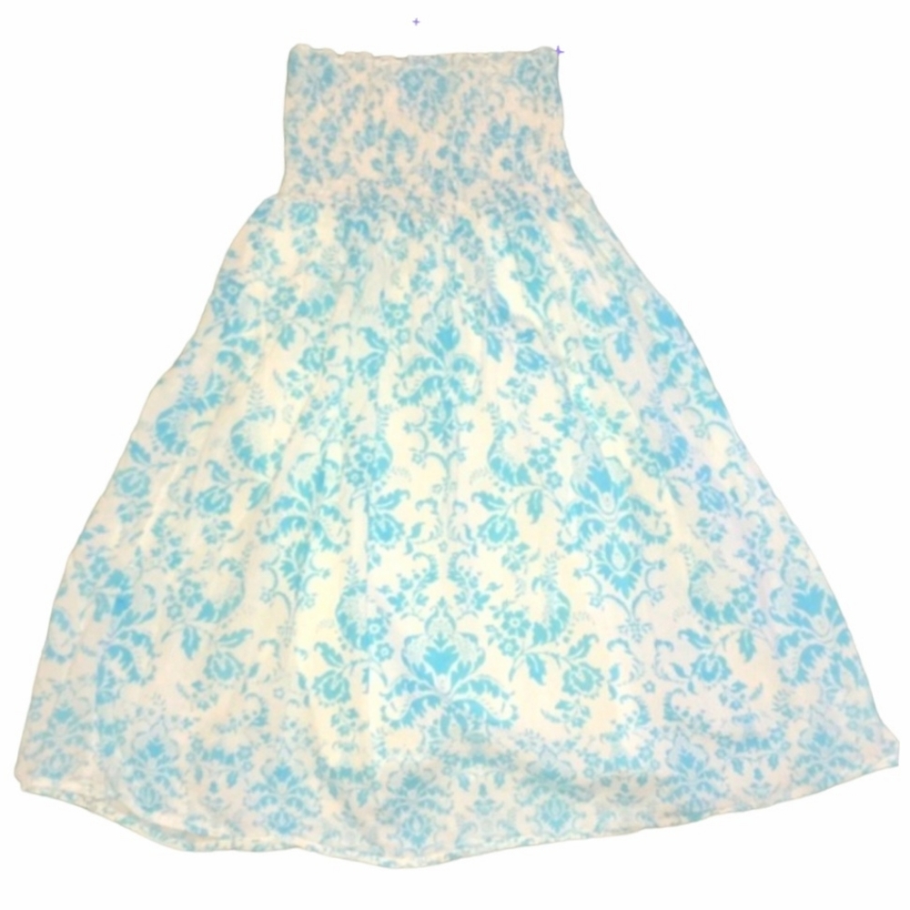 Strapless Floral Summer Dress Swim Coverup Turquise Blue White Junior Size Large